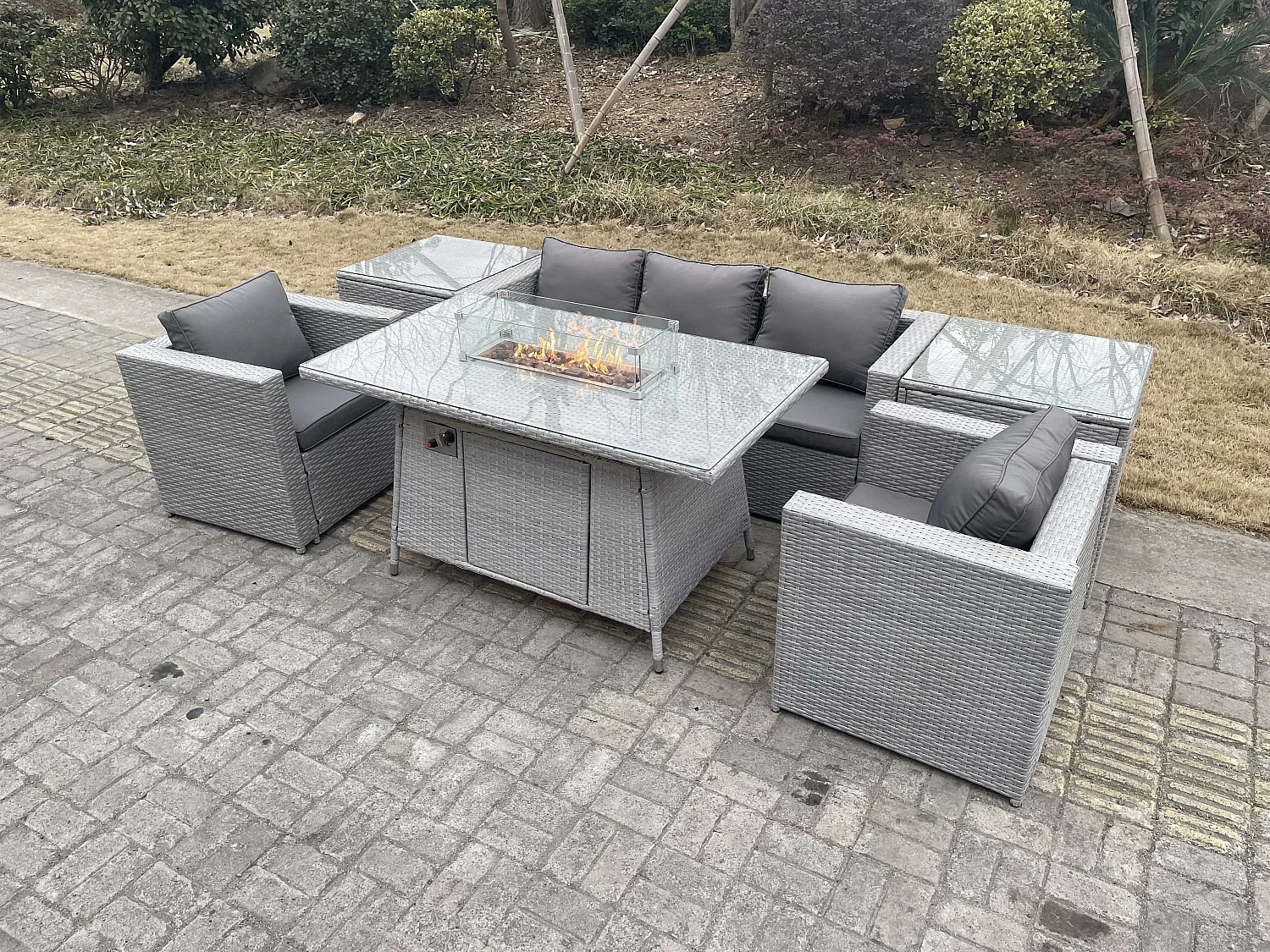 5-Sitzer Polyrattan Gartenmöbel Set im Freien Gas Feuertisch Sofa Sets mit 2 Sessel 2 Beistelltisch Helles Grau