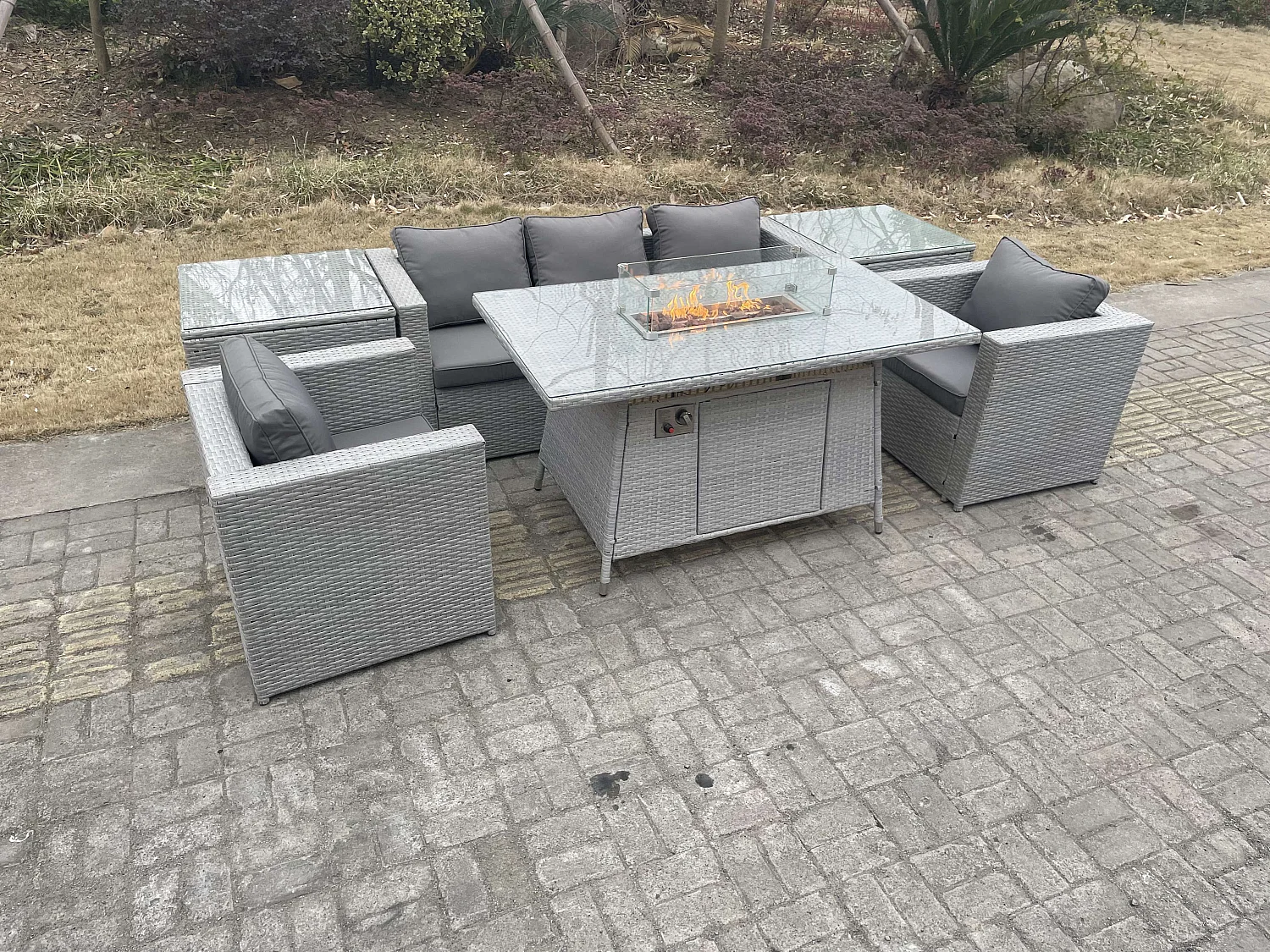 5-Sitzer Polyrattan Gartenmöbel Set im Freien Gas Feuertisch Sofa Sets mit 2 Sessel 2 Beistelltisch Helles Grau
