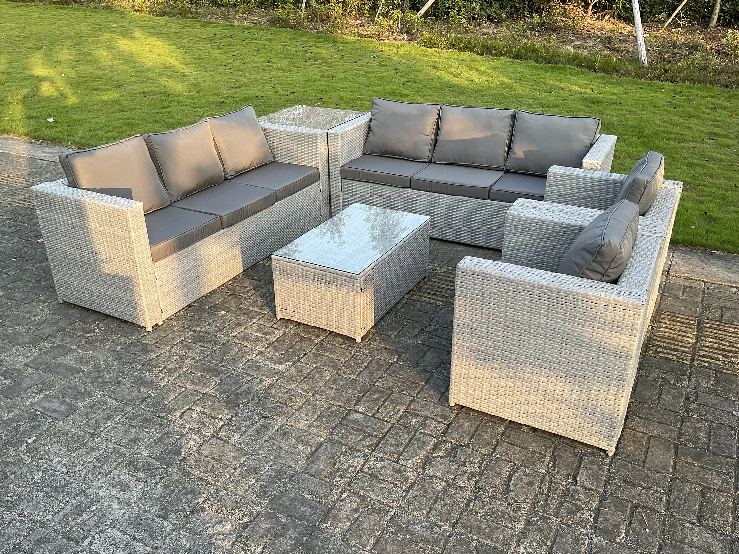 8 places Meubles de Jardin en rotin ave Canapé à 3 places 2 Fauteuil Table d'appoint Table basse Gris Clair