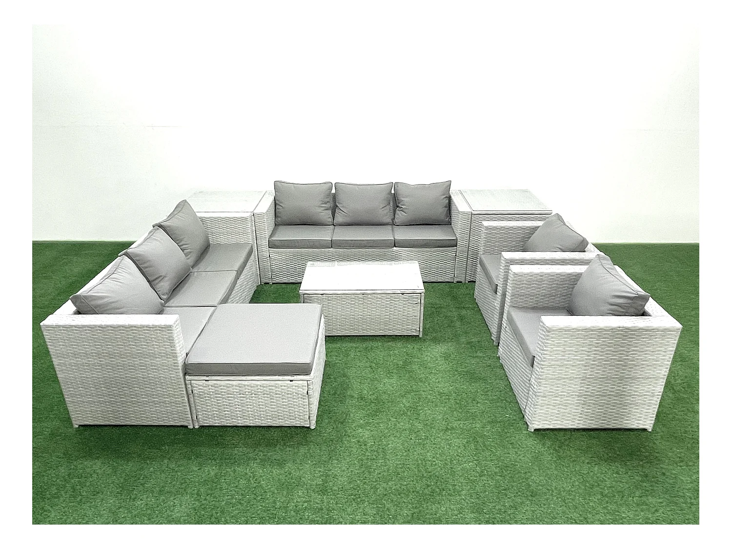 Salon de Jardin en rotin avec 2 Fauteuil Table basse oblongue Grand tabouret 2 Tables d'appoint Gris clair mixte
