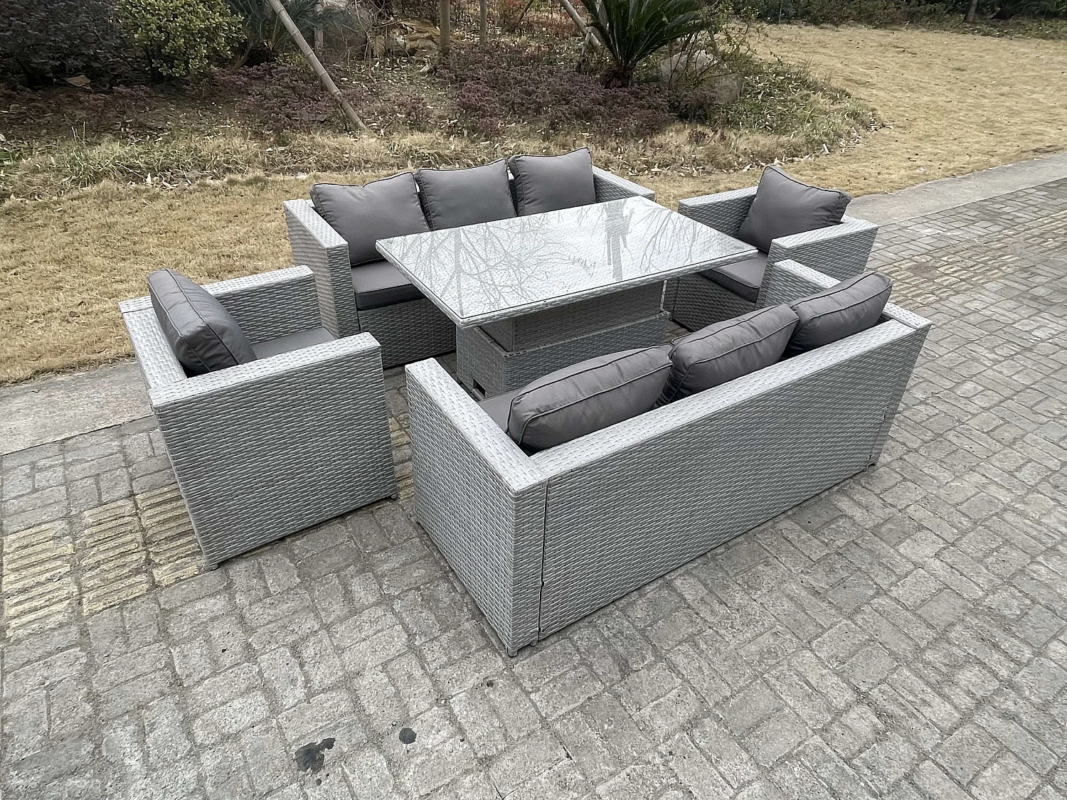 Polyrattan Essgruppe Gartenmöbel Set Höhe verstellbar Esstisch Set mit Sofa 2 Sessel Helles Grau