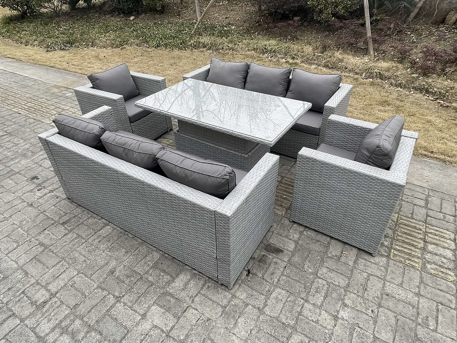 Polyrattan Essgruppe Gartenmöbel Set Höhe verstellbar Esstisch Set mit Sofa 2 Sessel Helles Grau