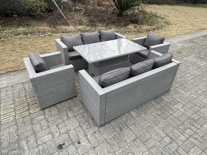 Polyrattan Essgruppe Gartenmöbel Set Höhe verstellbar Esstisch Set mit Sofa 2 Sessel Helles Grau