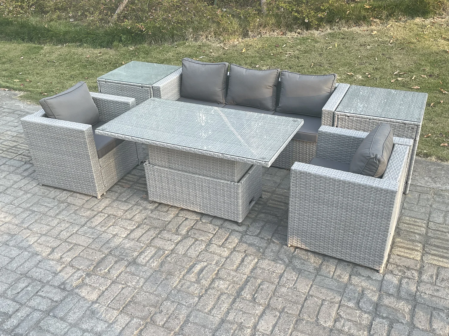 Rattan Gartenmöbel Set mit Sofa, Höhe verstellbar Esstisch ,Sessel,2 Beistelltisch,Outdoor Terrassen Essgruppe 6-teilige Sitzgruppe Helles Grau