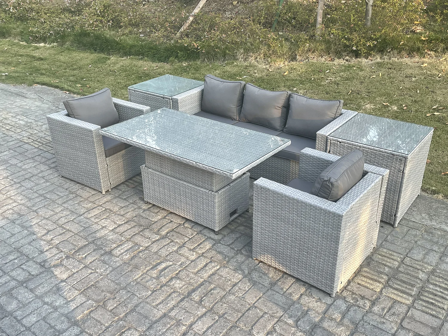 Rattan Gartenmöbel Set mit Sofa, Höhe verstellbar Esstisch ,Sessel,2 Beistelltisch,Outdoor Terrassen Essgruppe 6-teilige Sitzgruppe Helles Grau