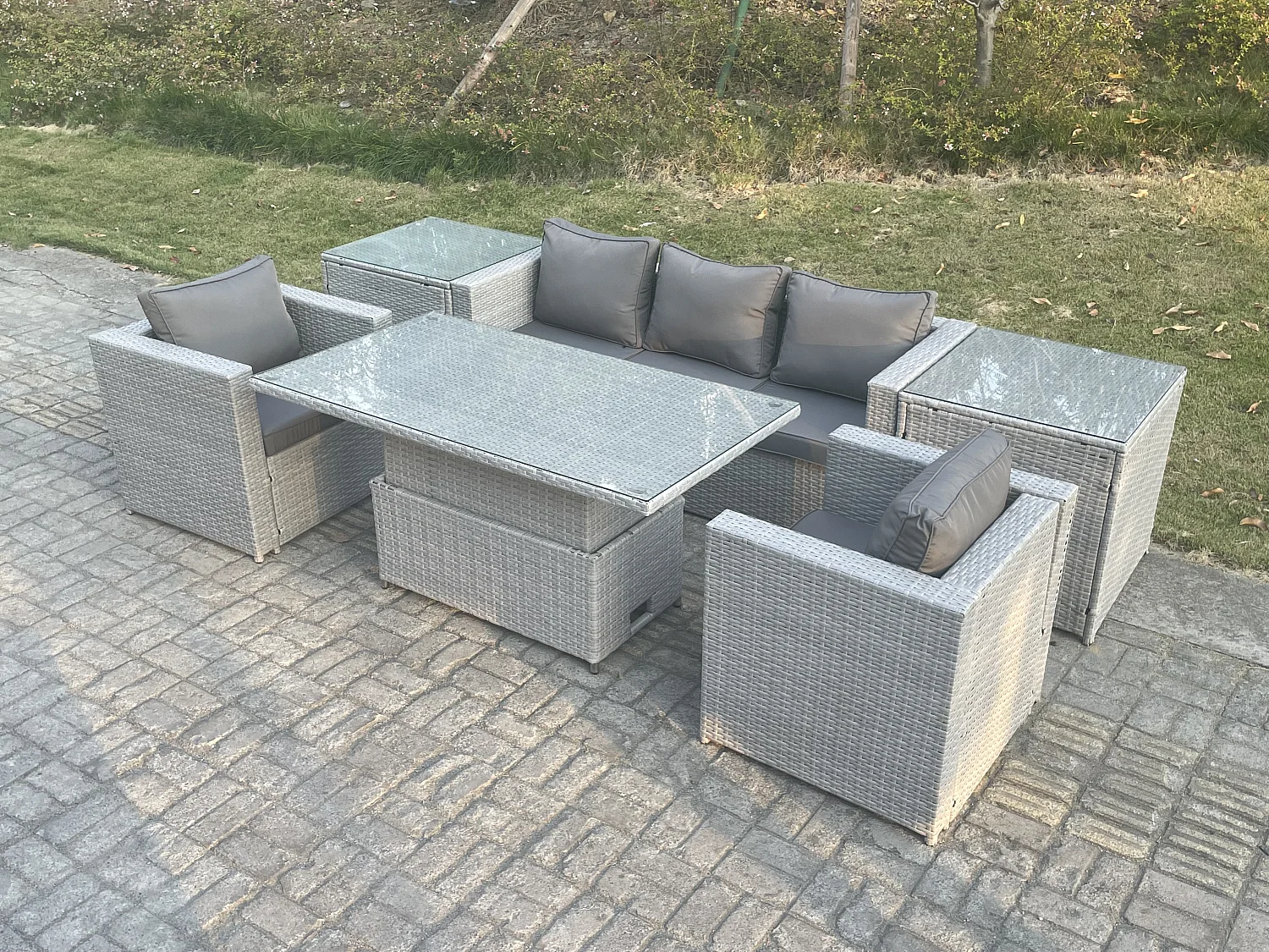 Rattan Gartenmöbel Set mit Sofa, Höhe verstellbar Esstisch ,Sessel,2 Beistelltisch,Outdoor Terrassen Essgruppe 6-teilige Sitzgruppe Helles Grau