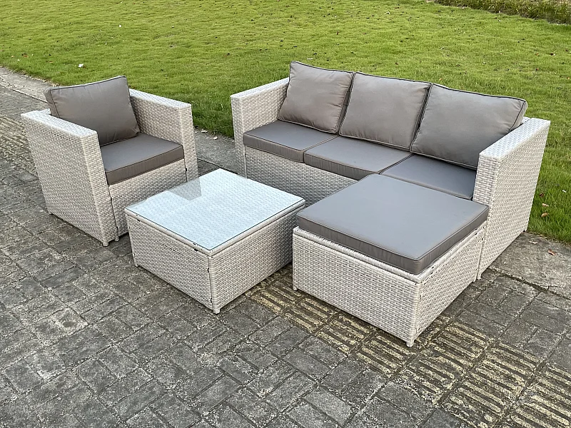 Polyrattan Gartenmöbel Set 5-Sitzer Rattan Sofa Set mit 3-Sitzer Sofa Sessel Quadrat Couchtisch Großer Fußhocker Helles Grau