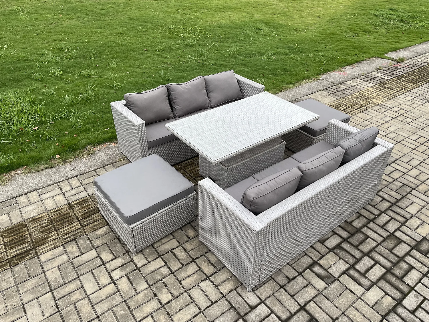 Polyrattan Gartenmöbel Set mit 2 Sofa, Höhe verstellbar Esstisch und 2 Großer Hocker Outdoor Terrassen Essgruppe Helles Grau