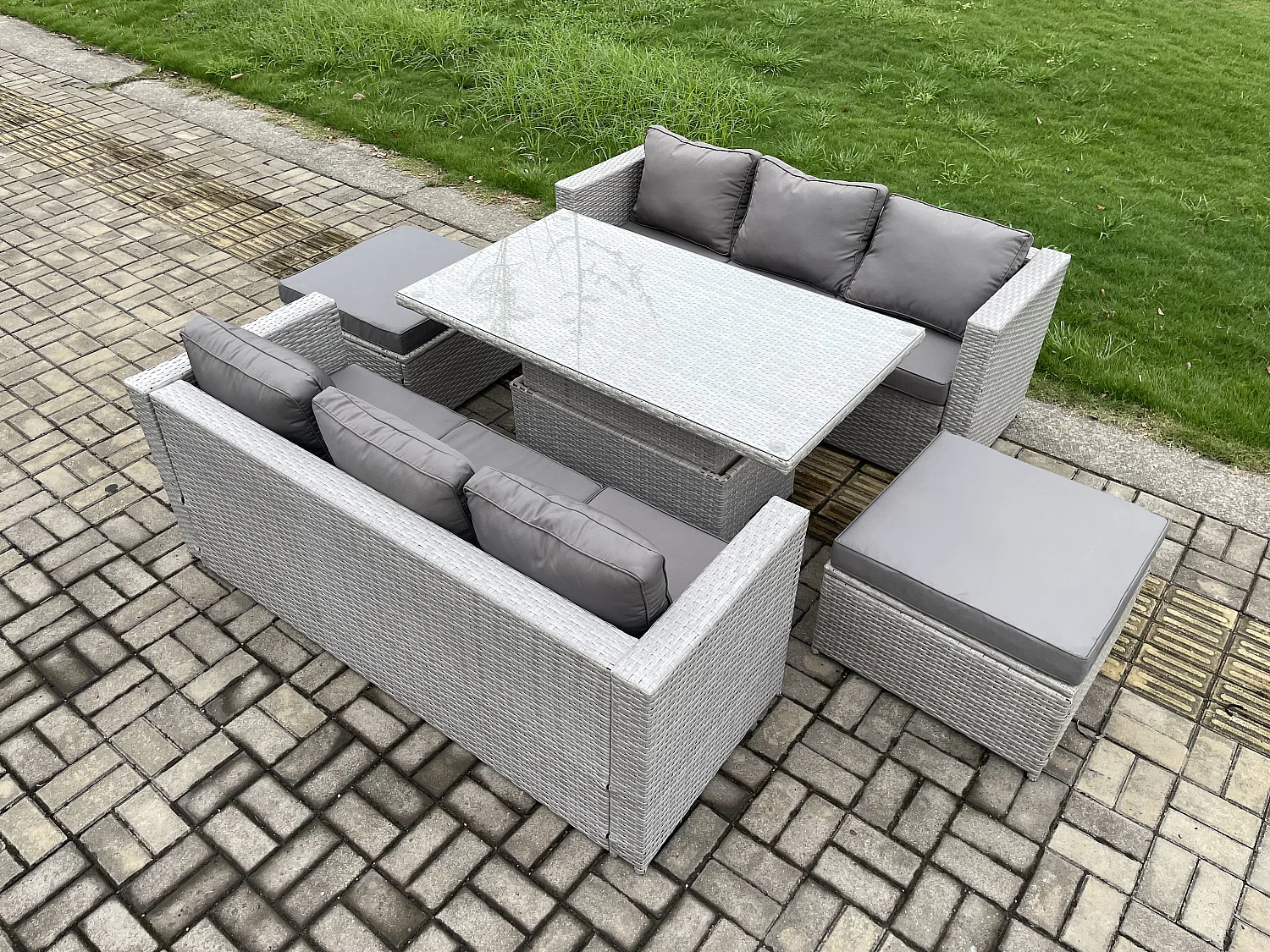Polyrattan Gartenmöbel Set mit 2 Sofa, Höhe verstellbar Esstisch und 2 Großer Hocker Outdoor Terrassen Essgruppe Helles Grau