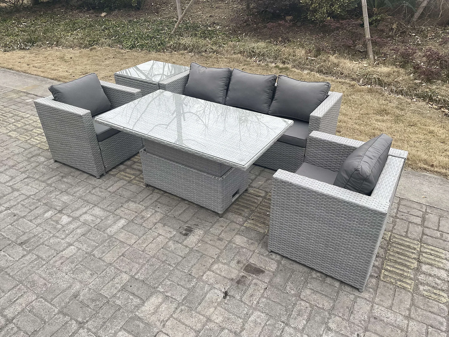 Fimous Rattan Garden Funiture Set Height Adjustable Rising Lifting Table Loung Sofa Dining Set With 2 Arm Chair Side Coffee Table