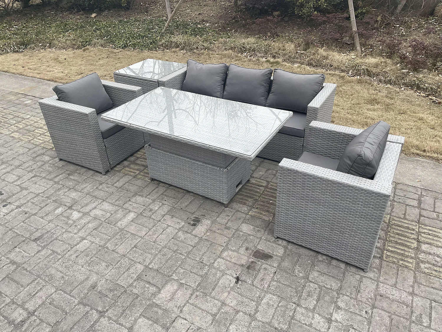 Fimous Rattan Garden Funiture Set Height Adjustable Rising Lifting Table Loung Sofa Dining Set With 2 Arm Chair Side Coffee Table