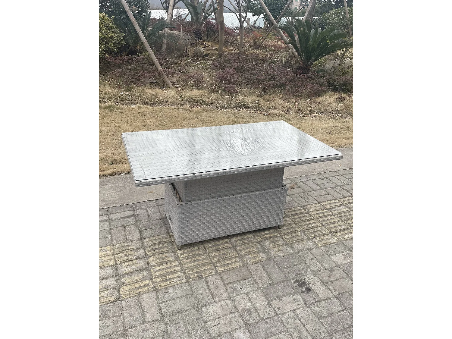 Fimous Rattan Garden Funiture Set Height Adjustable Rising Lifting Table Loung Sofa Dining Set With 2 Arm Chair Side Coffee Table