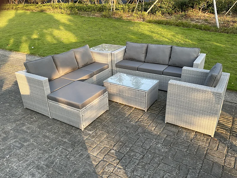 Rattan Gartenmöbel Set mit 3-Sitzer Sofa Sessel Beistelltisch Couchtisch Fußhocker Helles Grau