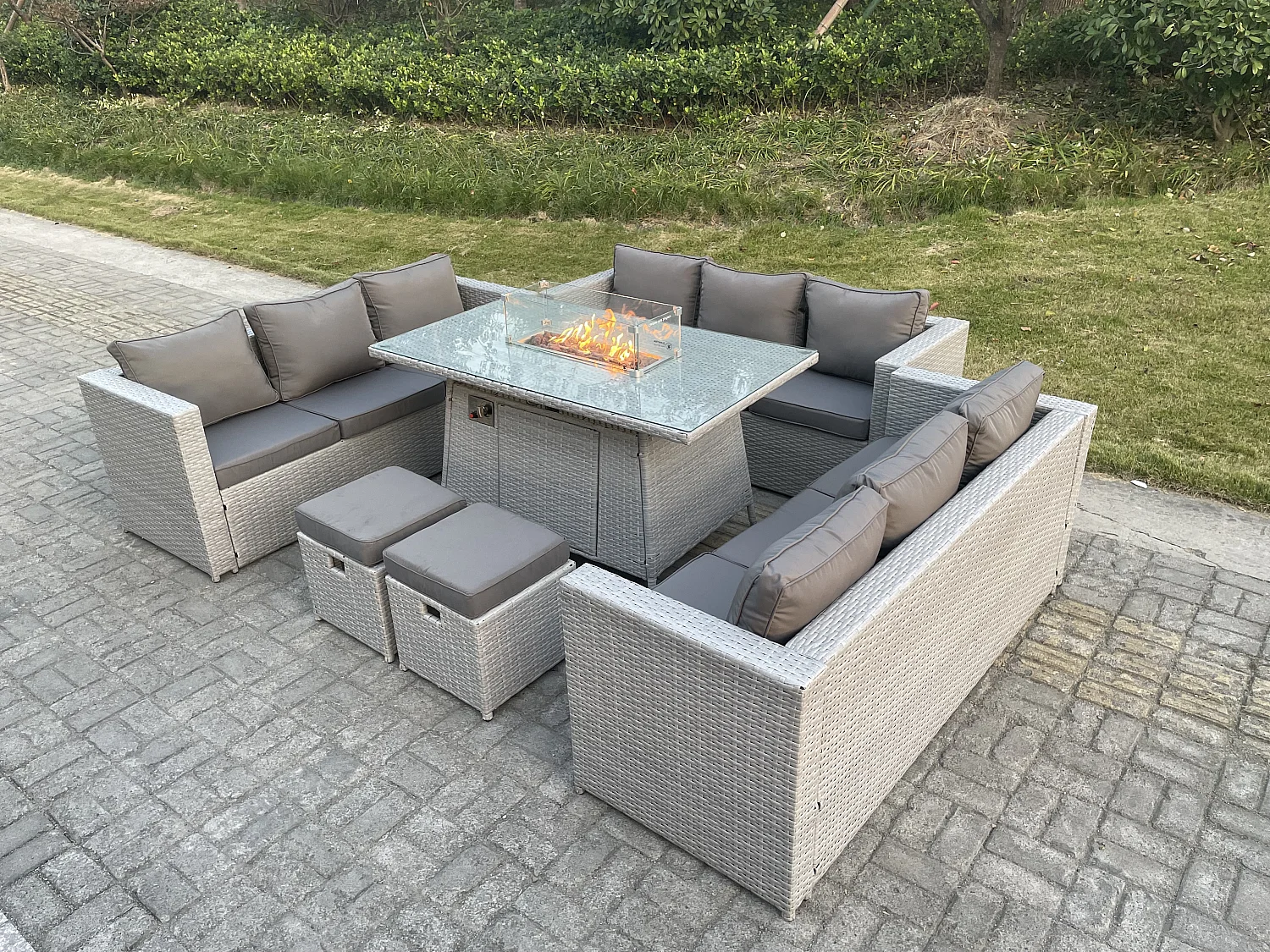 11 places Ensemble de meubles de jardin en rotin ensemble Table de foyer à gaz canapé ave 2 Petit Tabourets Gris Clair