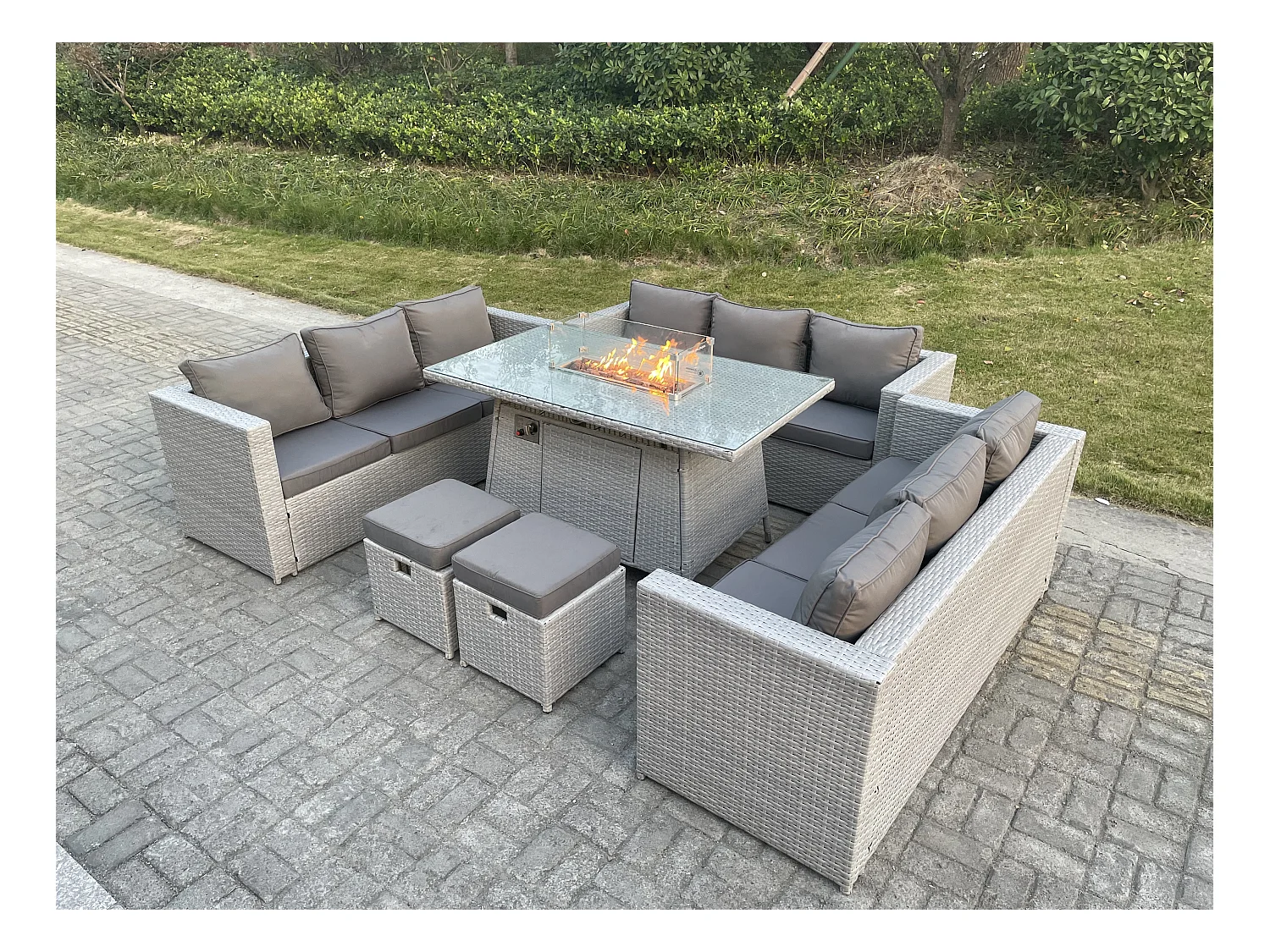 11 places Ensemble de meubles de jardin en rotin ensemble Table de foyer à gaz canapé ave 2 Petit Tabourets Gris Clair