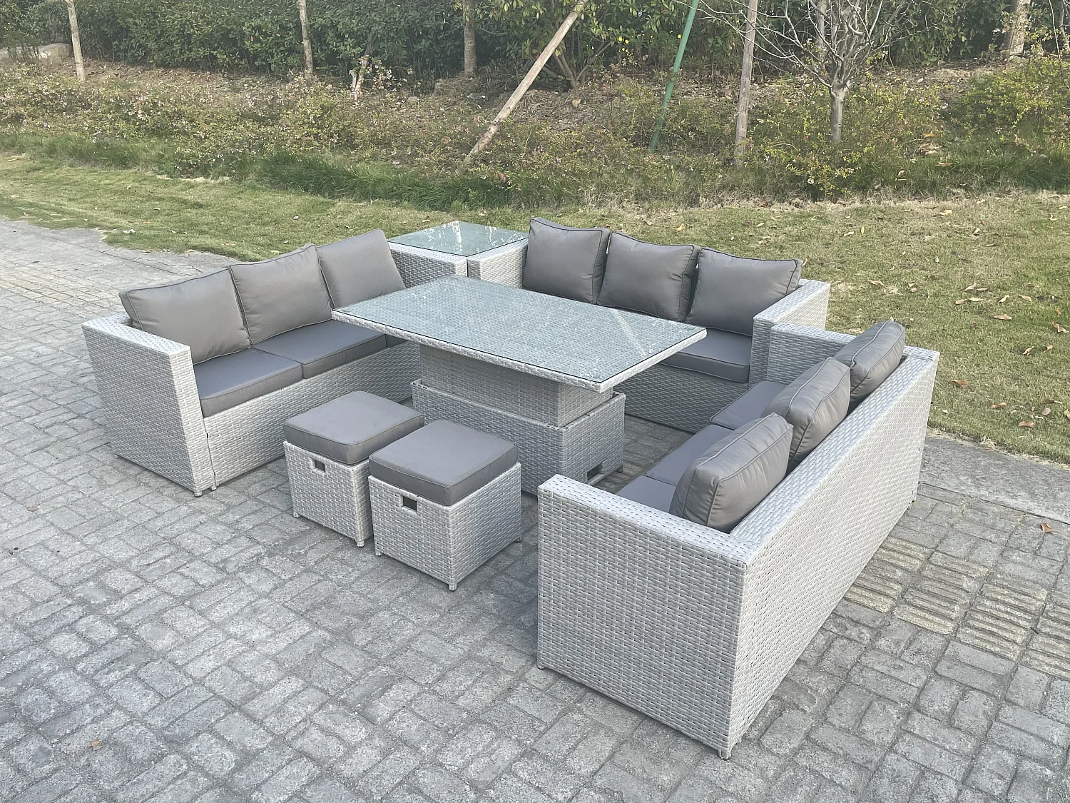 Rattan Gartenmöbel Set mit Sofa, Höhe verstellbar Esstisch und 2 Hocker,Beistelltisch,Outdoor Terrassen Essgruppe 7-teilige Sitzgruppe Helles Grau