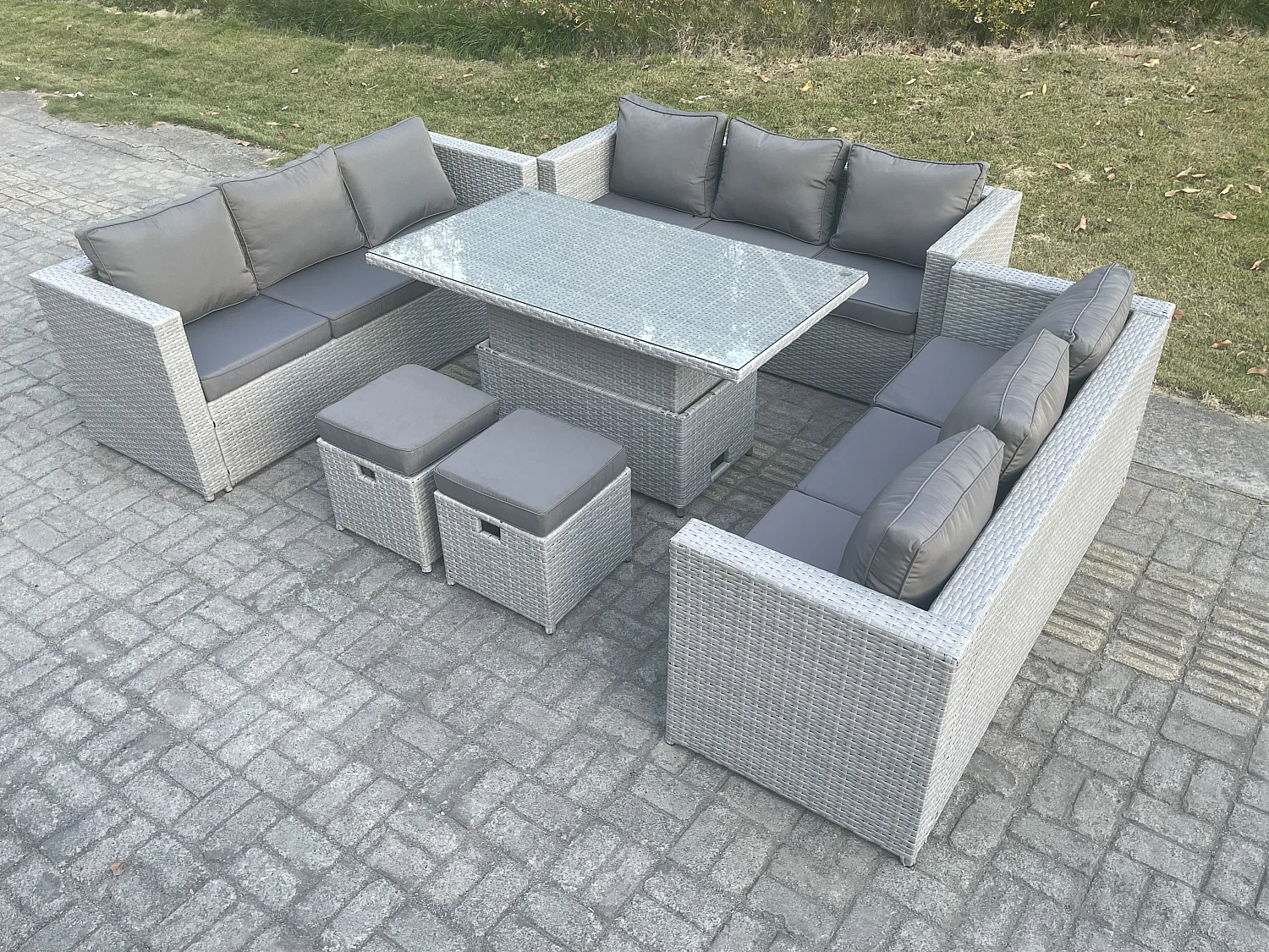Rattan Gartenmöbel Set mit Sofa, Höhe verstellbar Esstisch und 2 Hocker,Outdoor Terrassen Essgruppe 6-teilige Sitzgruppe Helles Grau