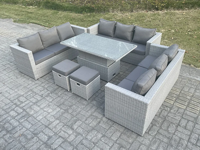 Ensemble de meubles de jardin en rotin ave Canapé,Table élévatrice und 2 Tabourets 6 Pièces Groupe de sièges Gris Clair