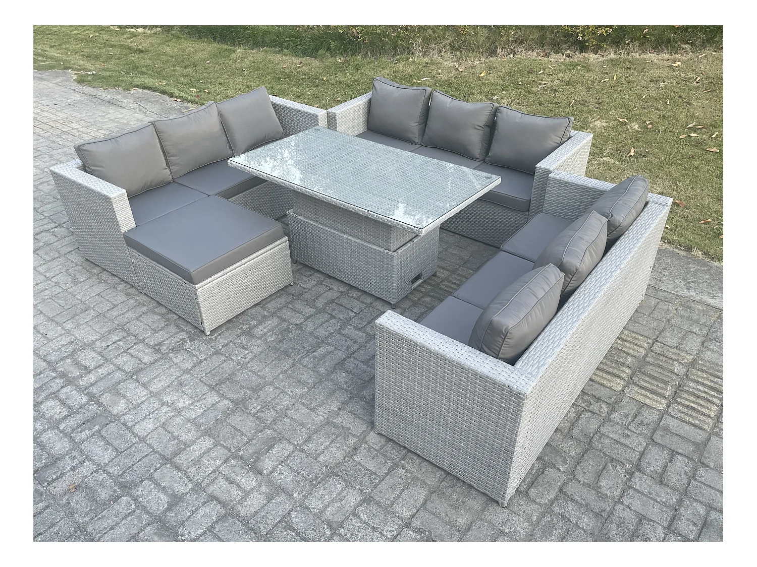 Ensemble de meubles de jardin en rotin ave Canapé,Table élévatrice und Tabourets 5 Pièces Groupe de sièges Gris Clair