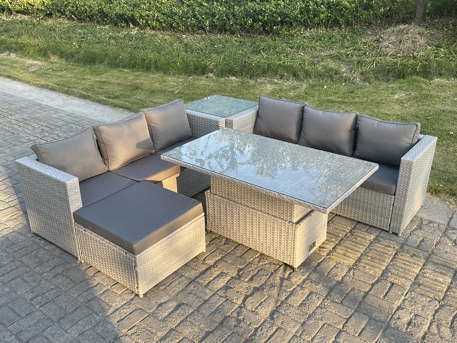Polyrattan Essgruppe Gartenmöbel Set Höhe verstellbar Esstisch Set mit Sofa Beistelltisch Großer Fußhocker Helles Grau