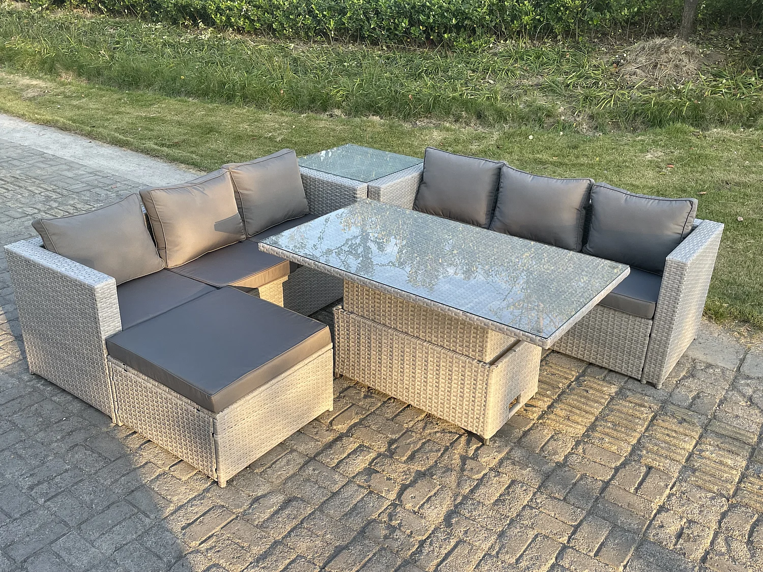 Salon de Jardin Exterieur Table à manger réglable en hauteur ave canapé Table d'appoint Grand Tabourets Gris Clair