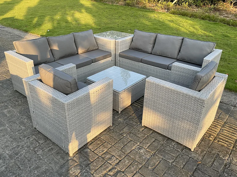 Meubles de Jardin en rotin ave 2 Fauteuil canapé Table d'appoint Table basse Carrée Gris Clair