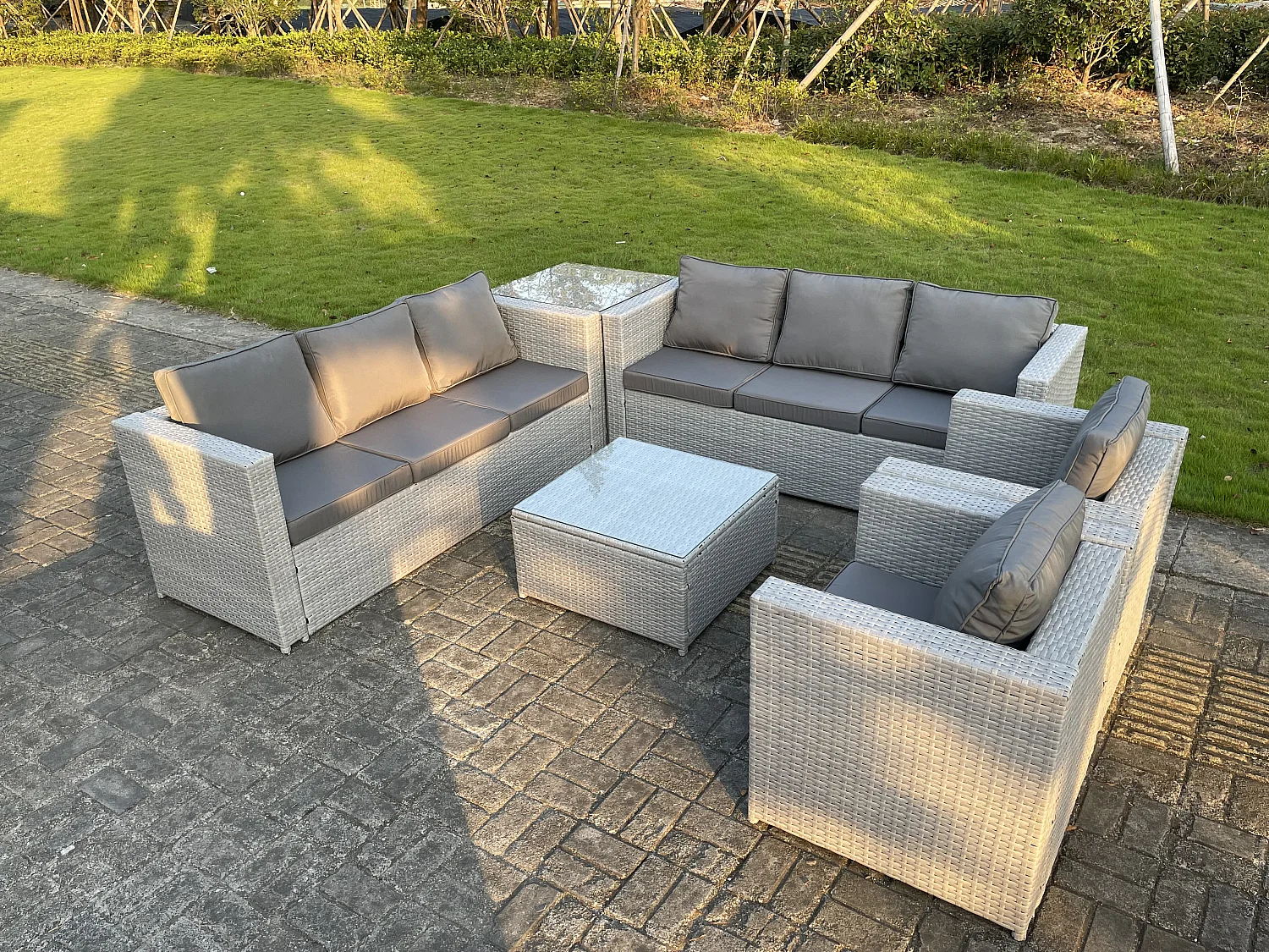 Meubles de Jardin en rotin ave 2 Fauteuil canapé Table d'appoint Table basse Carrée Gris Clair