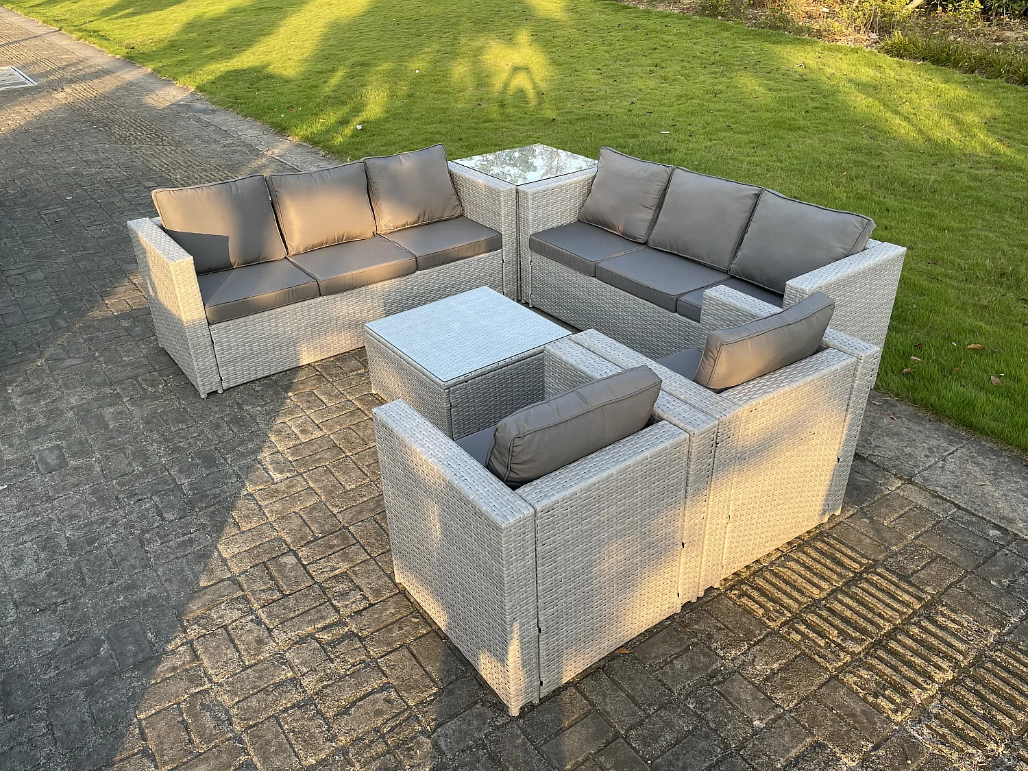 Meubles de Jardin en rotin ave 2 Fauteuil canapé Table d'appoint Table basse Carrée Gris Clair