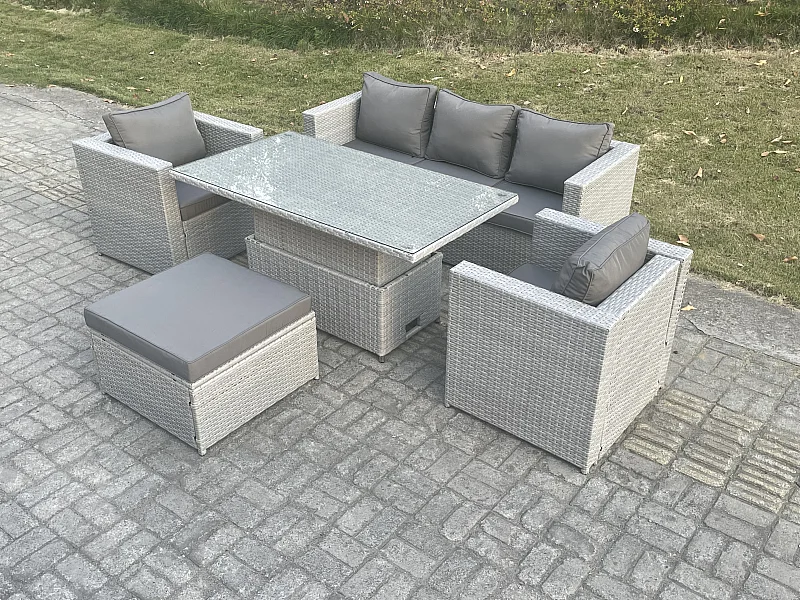 Ensemble de meubles de jardin en rotin ave Canapé,Table élévatrice und Tabourets,Fauteuil 5 Pièces Groupe de sièges Gris Clair