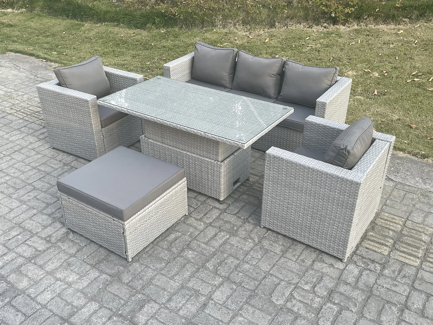 Ensemble de meubles de jardin en rotin ave Canapé,Table élévatrice und Tabourets,Fauteuil 5 Pièces Groupe de sièges Gris Clair