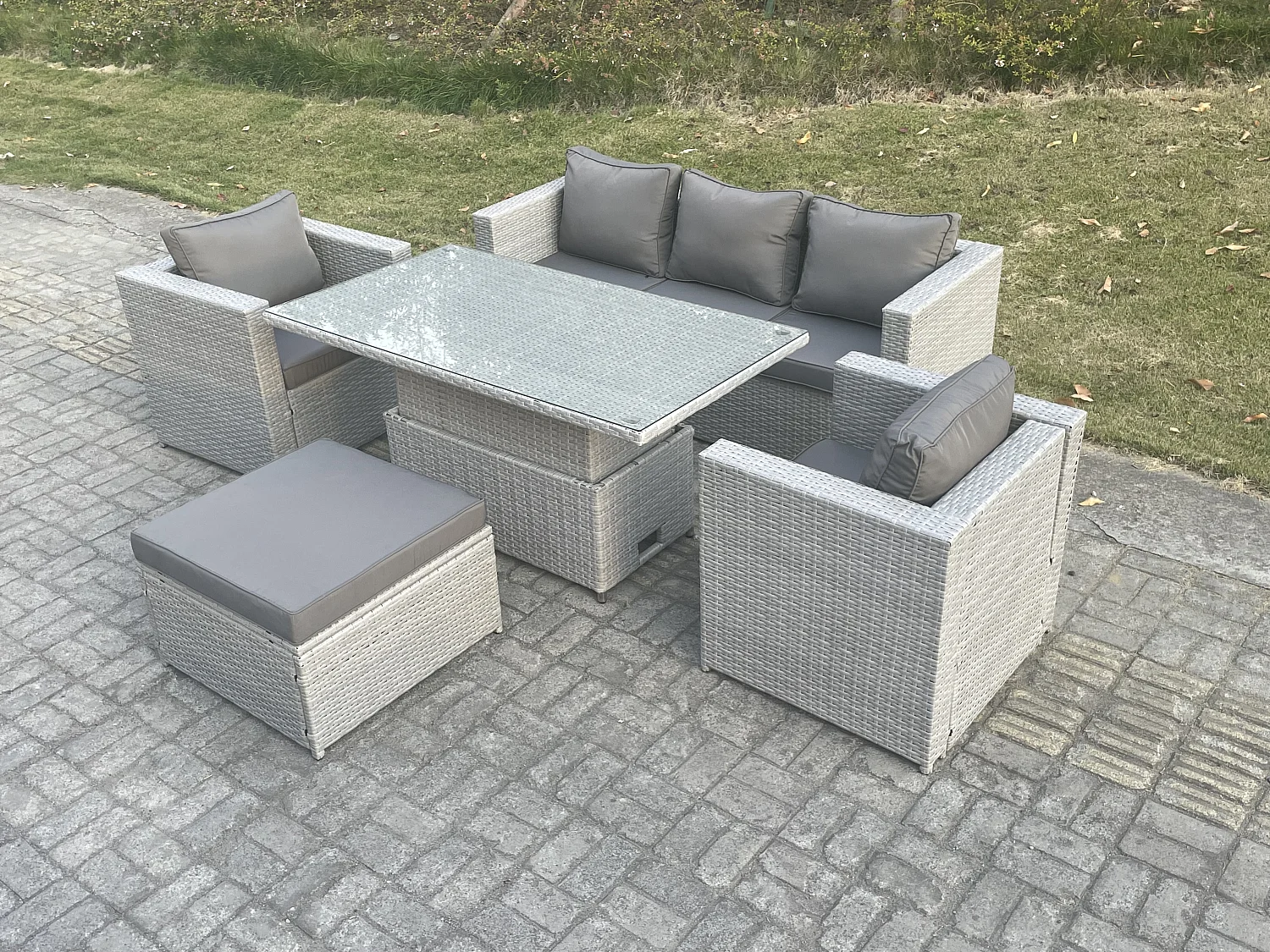 Ensemble de meubles de jardin en rotin ave Canapé,Table élévatrice und Tabourets,Fauteuil 5 Pièces Groupe de sièges Gris Clair