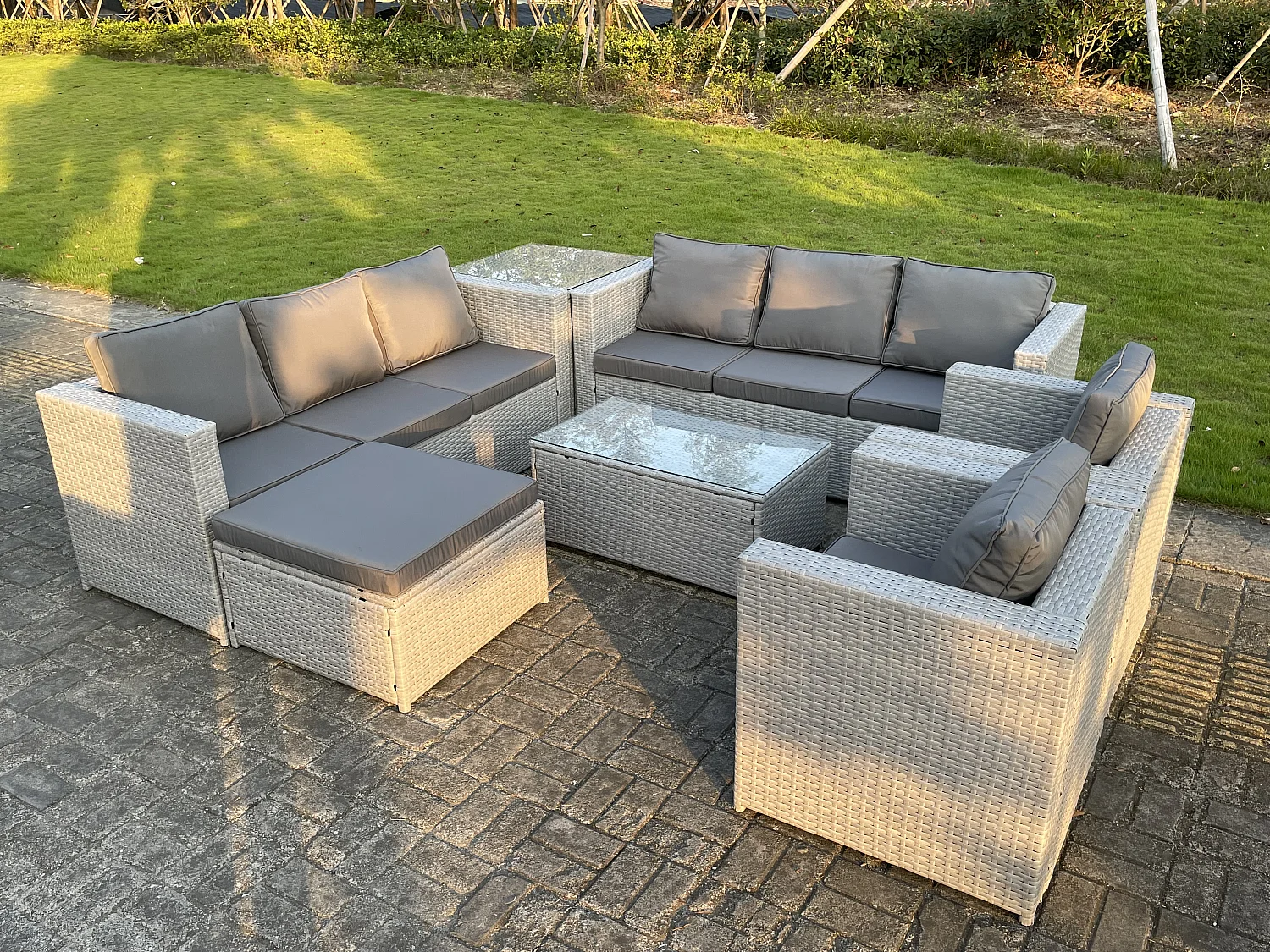 9 places Meubles de Jardin en rotin ave Canapé à 3 places 2 Fauteuil Table d'appoint Table basse Grand Tabourets Gris Clair