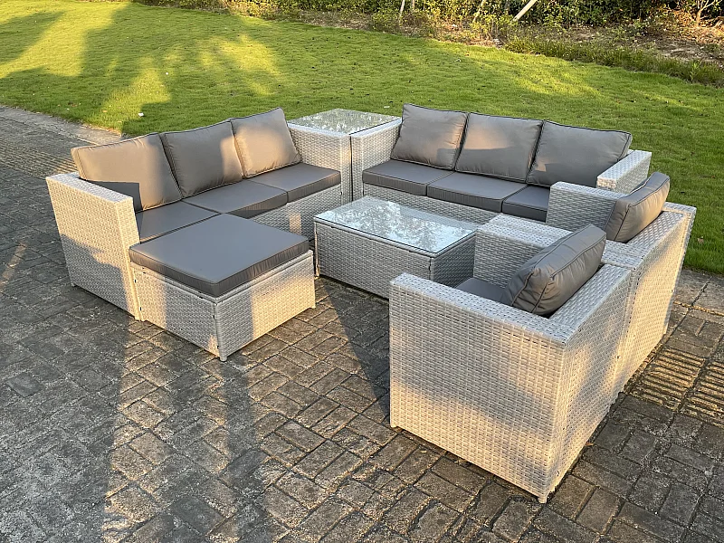 9-Sitzer Rattan Gartenmöbel Set mit 3-Sitzer Sofa 2 Sessel Beistelltisch Couchtisch Großer Fußhocker Helles Grau
