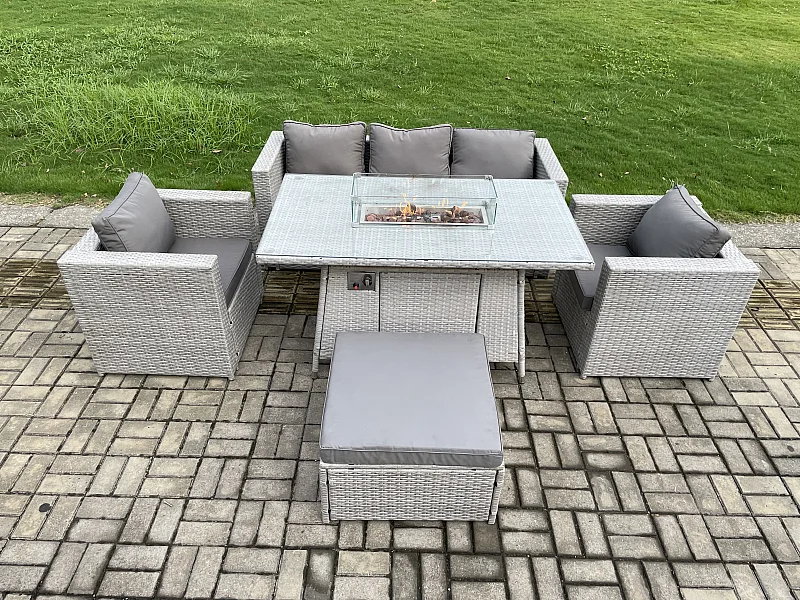 6 places Ensemble Meuble de Jardin en rotin ave canapé et 2 Fauteuil,Tabourets pour Pelouse Terrasse Intérieure Gris Clair