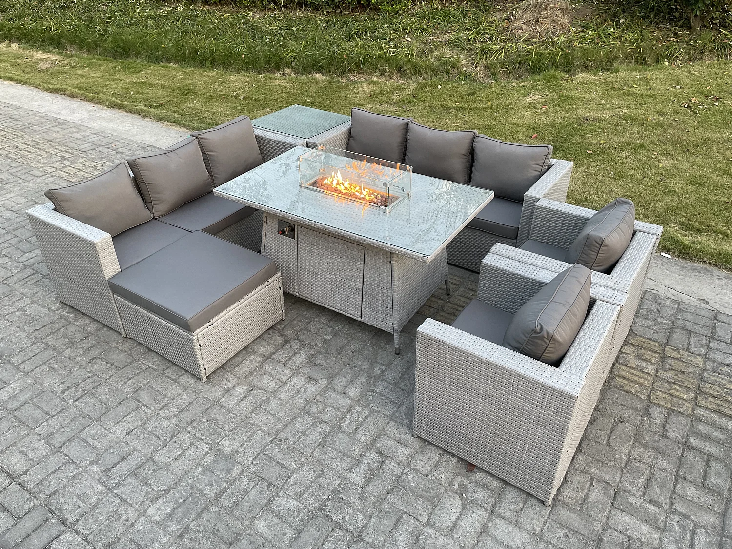 Table de foyer à gaz Ensemble de meubles de jardin en rotin ave 2 canapé 2 Fauteuil Table d'appoint Tabourets Gris Clair