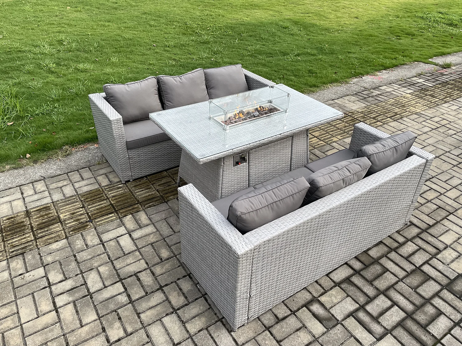 6-Sitzer Polyrattan Gartenmöbel Set mit 2 Sofa, Gas Feuertisch Outdoor Terrassen Essgruppe Helles Grau