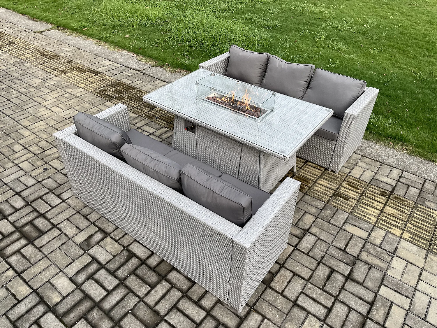 6-Sitzer Polyrattan Gartenmöbel Set mit 2 Sofa, Gas Feuertisch Outdoor Terrassen Essgruppe Helles Grau
