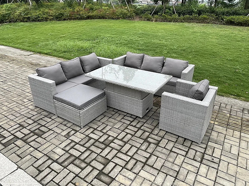 Meubles à manger de jardin en rotin 2 canapé,  et Fauteuil, Grand Tabourets pour Pelouse Terrasse Intérieure Gris Clair