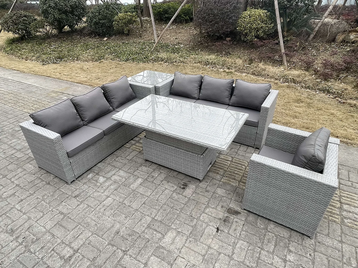 Rattan Gartenmöbel Set mit Sofa, Höhe verstellbar Esstisch ,Sessel,Beistelltisch,Outdoor Terrassen Essgruppe 5-teilige Sitzgruppe Helles Grau