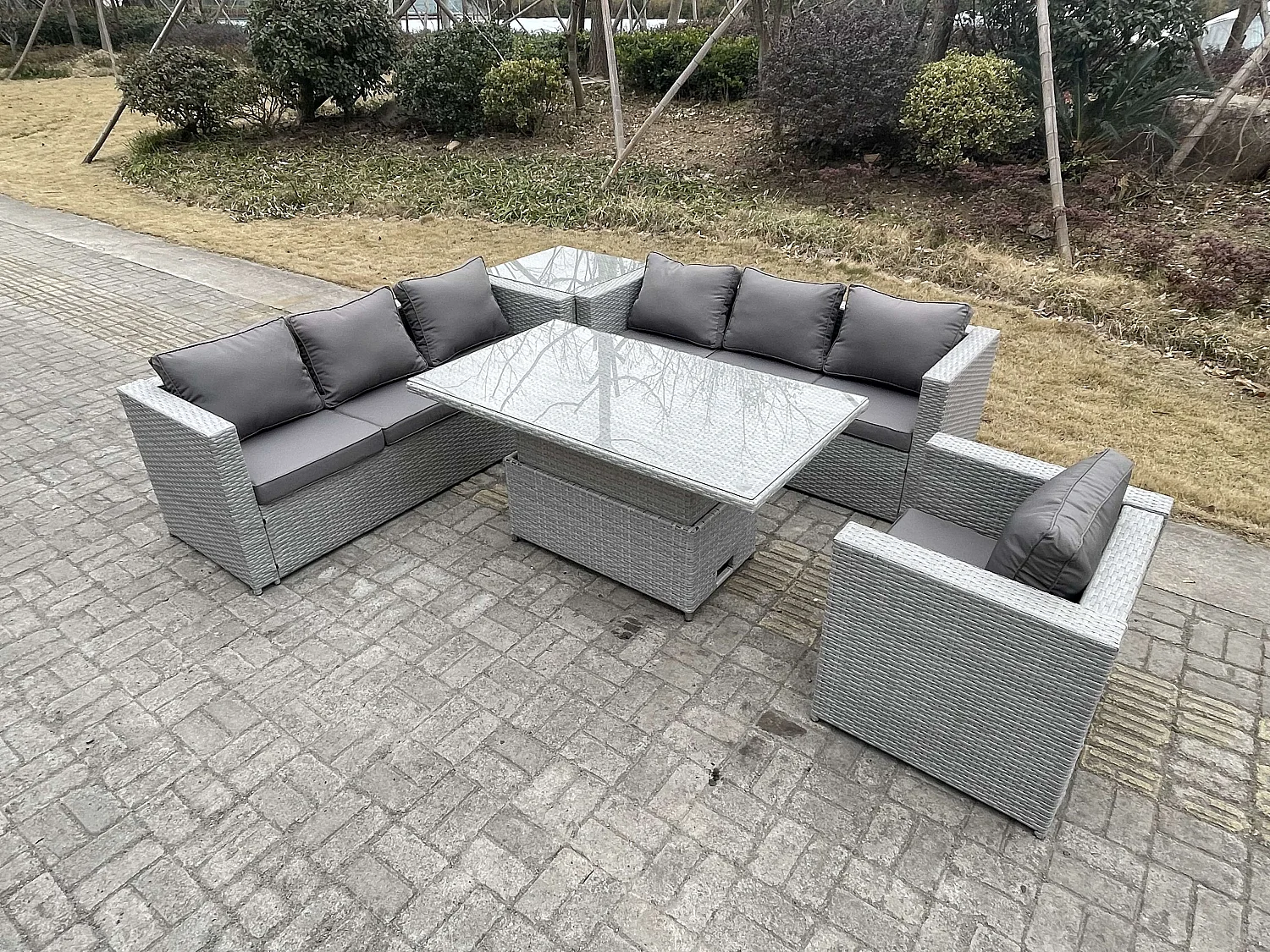 Rattan Gartenmöbel Set mit Sofa, Höhe verstellbar Esstisch ,Sessel,Beistelltisch,Outdoor Terrassen Essgruppe 5-teilige Sitzgruppe Helles Grau