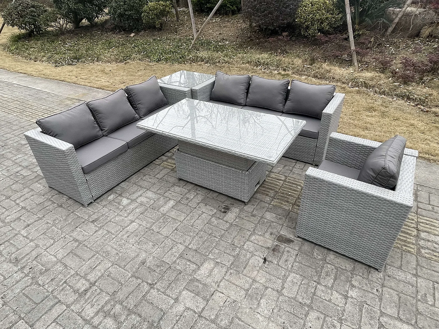 Rattan Gartenmöbel Set mit Sofa, Höhe verstellbar Esstisch ,Sessel,Beistelltisch,Outdoor Terrassen Essgruppe 5-teilige Sitzgruppe Helles Grau
