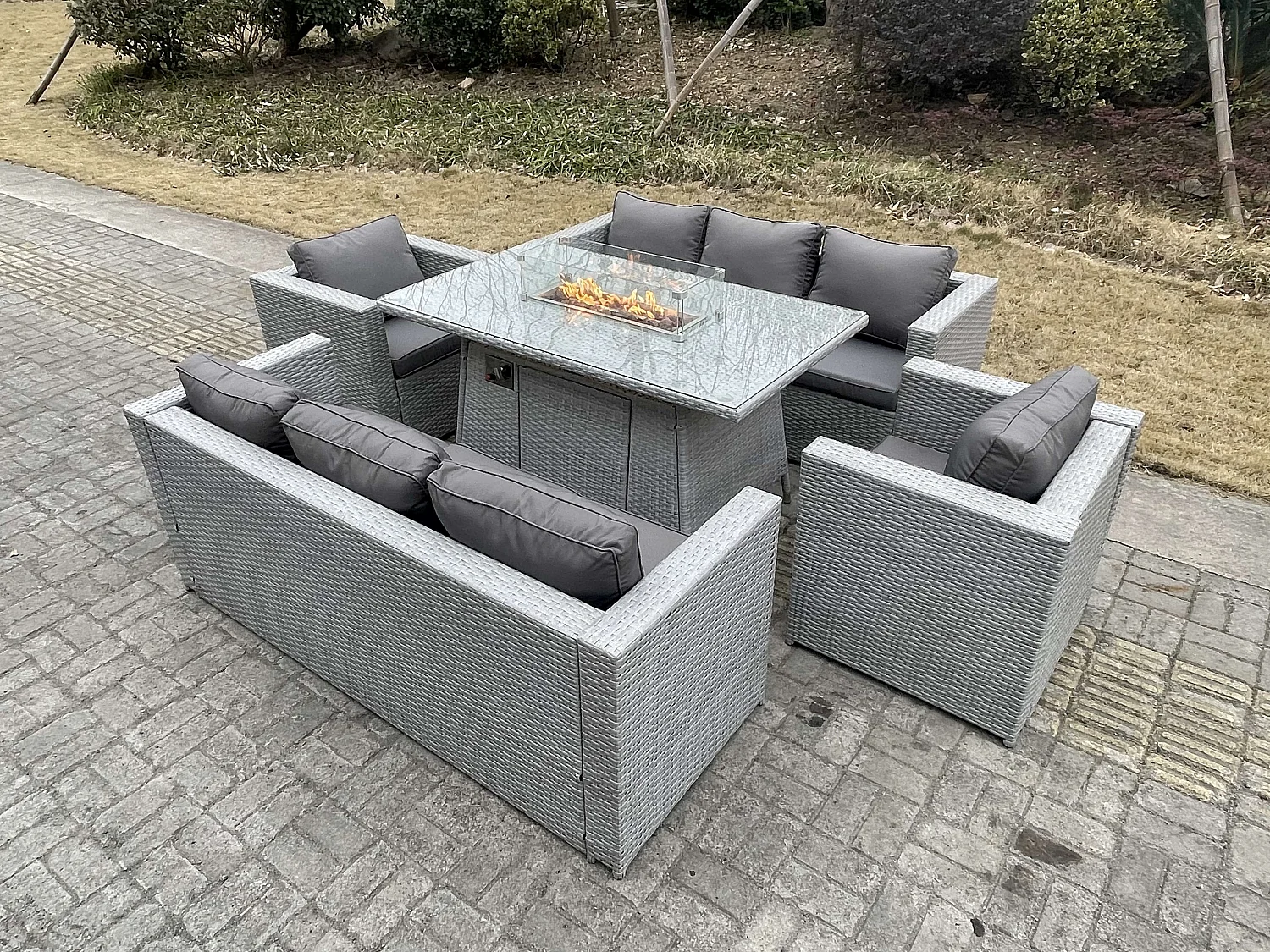 Table de foyer à gaz Ensemble de meubles de jardin en rotin ave 2 canapé 2 Fauteuil Gris Clair