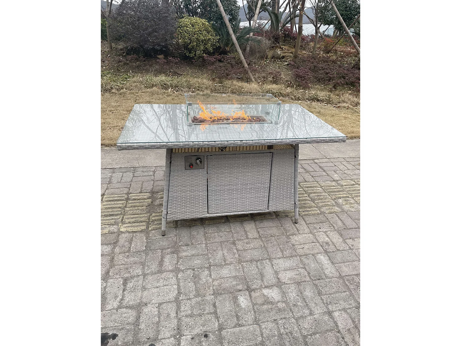 Table de foyer à gaz Ensemble de meubles de jardin en rotin ave 2 canapé 2 Fauteuil Gris Clair