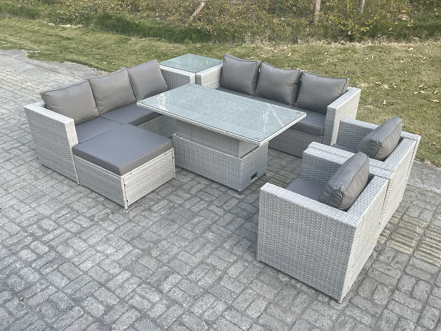 Fimous Rattan Garden Funiture Set Adjustable Rising Lifting Table Sofa Dining Set Lounge Chair Side Table Footstool