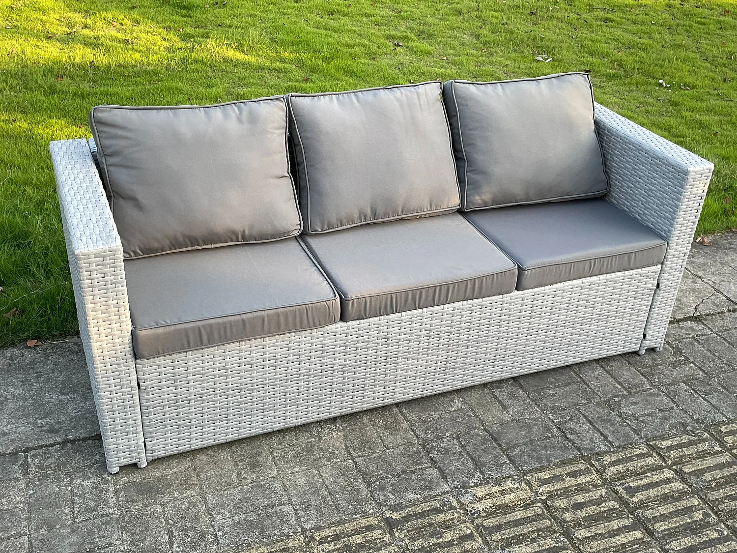 Fimous Rattan Garden Funiture Set Adjustable Rising Lifting Table Sofa Dining Set Lounge Chair Side Table Footstool