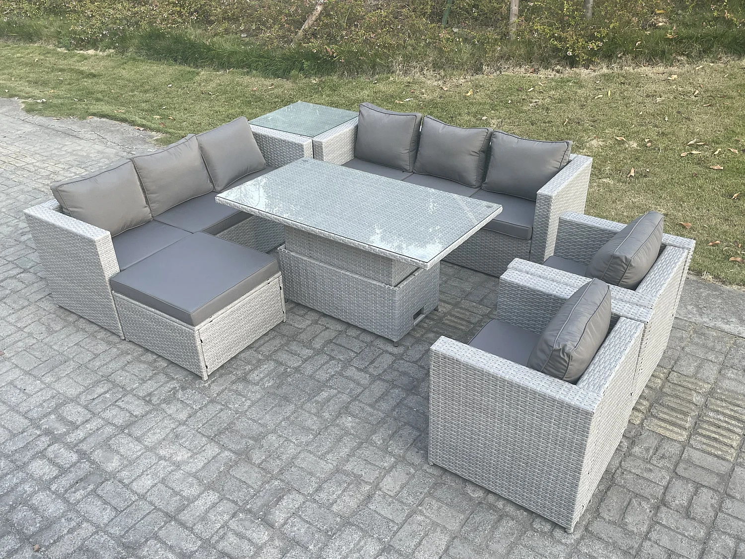 Fimous Rattan Garden Funiture Set Adjustable Rising Lifting Table Sofa Dining Set Lounge Chair Side Table Footstool