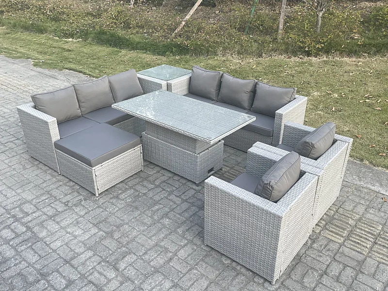 Polyrattan Essgruppe Gartenmöbel Set Höhe verstellbar Esstisch Set mit Sofa 2 Sessel Beistelltisch Großer Fußhocker Helles Grau