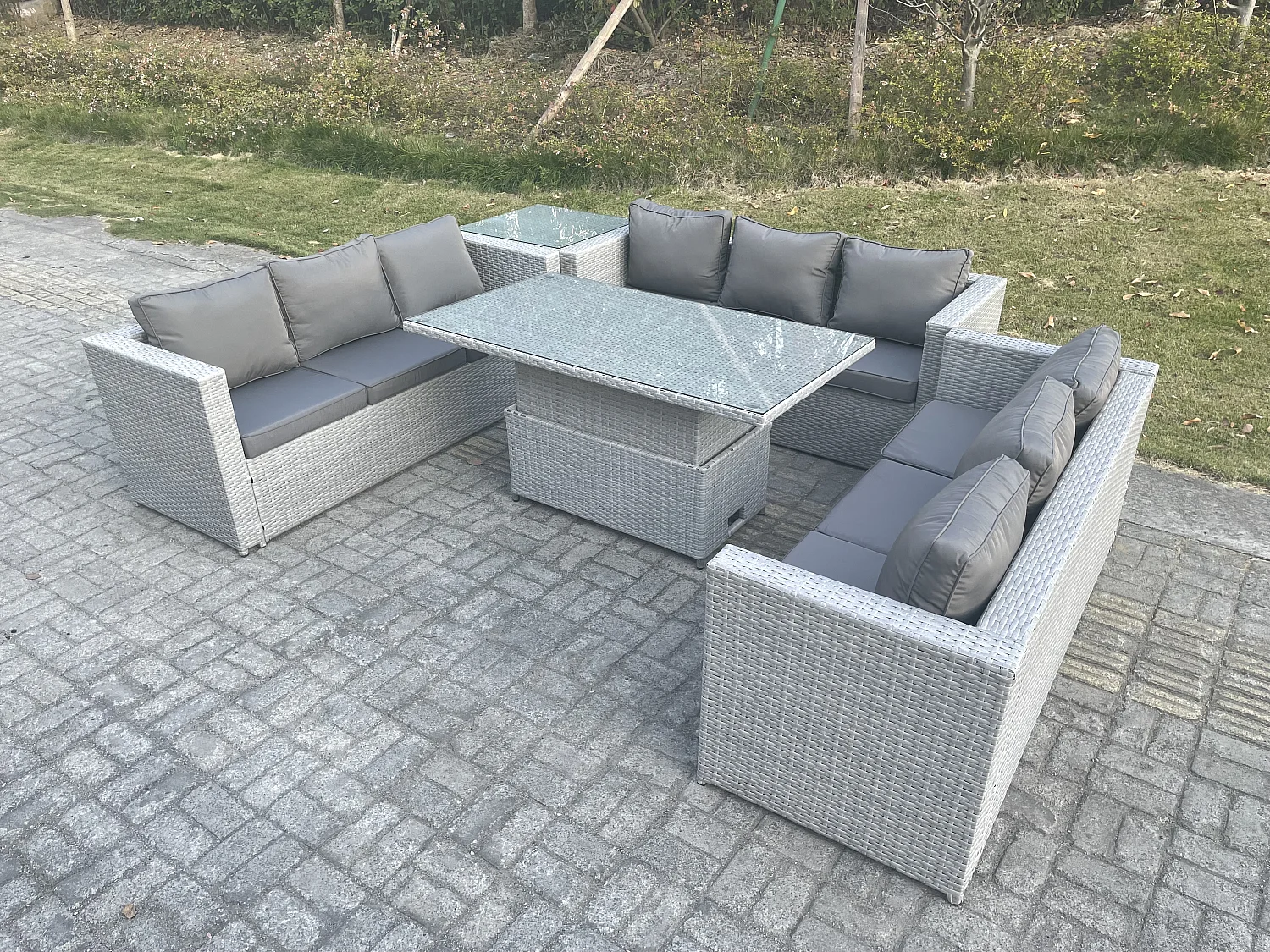 Ensemble de meubles de jardin en rotin ave Canapé,Table élévatrice,Table d'appoint 5 Pièces Groupe de sièges Gris Clair