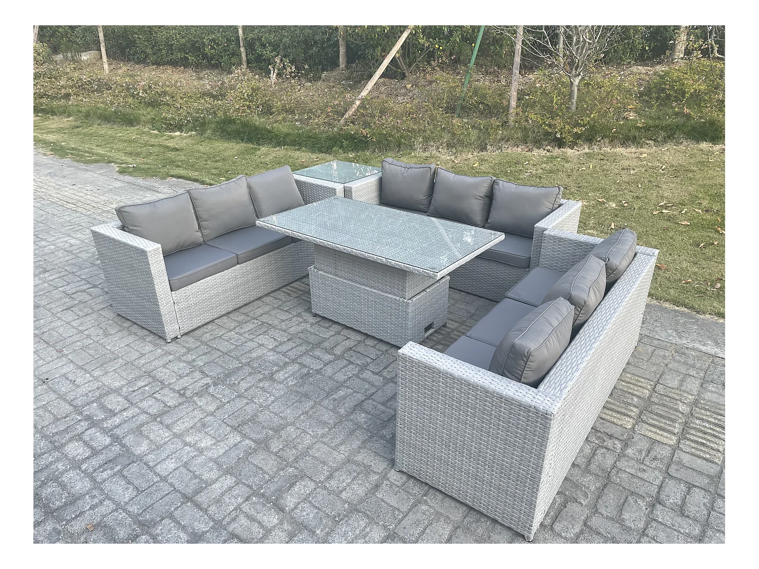 Ensemble de meubles de jardin en rotin ave Canapé,Table élévatrice,Table d'appoint 5 Pièces Groupe de sièges Gris Clair