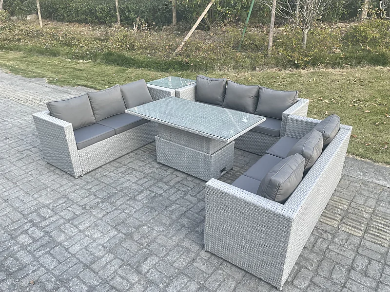 Rattan Gartenmöbel Set mit Sofa, Höhe verstellbar Esstisch,Beistelltisch,Outdoor Terrassen Essgruppe 5-teilige Sitzgruppe Helles Grau